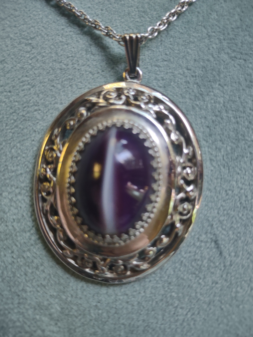 Silver Purple Cat Eye Oval Pendant Necklace
